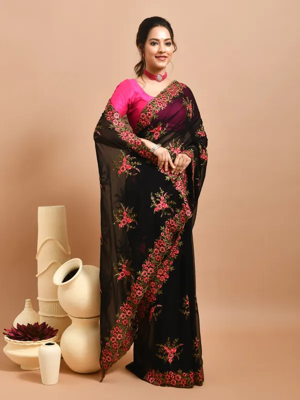 Black_Pure_Georgette_Embroidered_Sarees_For_Women