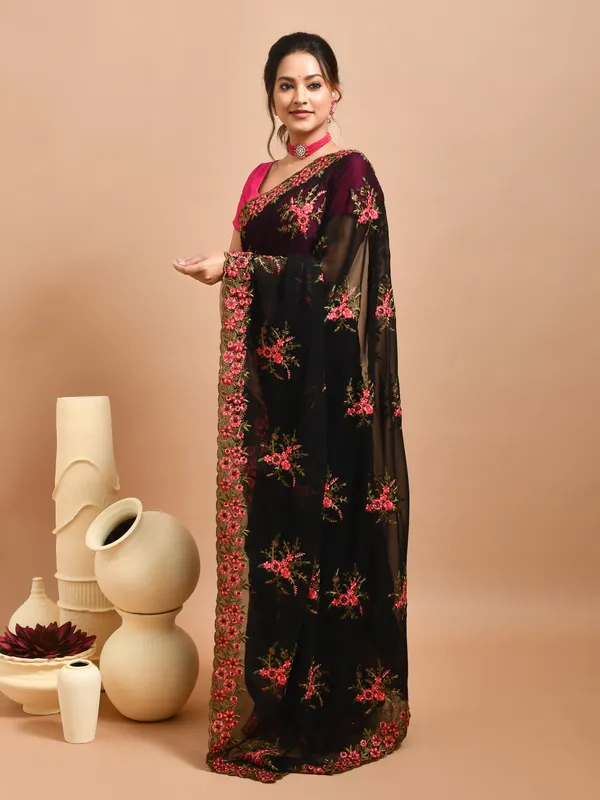 Black_Pure_Georgette_Embroidered_Sarees_For_Women