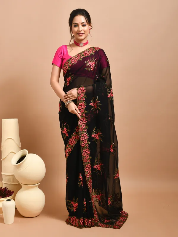 Black_Pure_Georgette_Embroidered_Sarees_For_Women