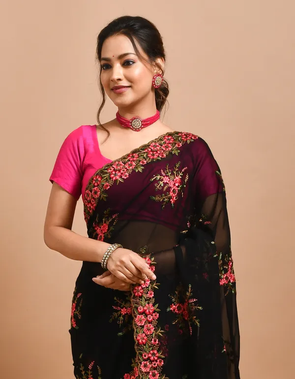 Black_Pure_Georgette_Embroidered_Sarees_For_Women
