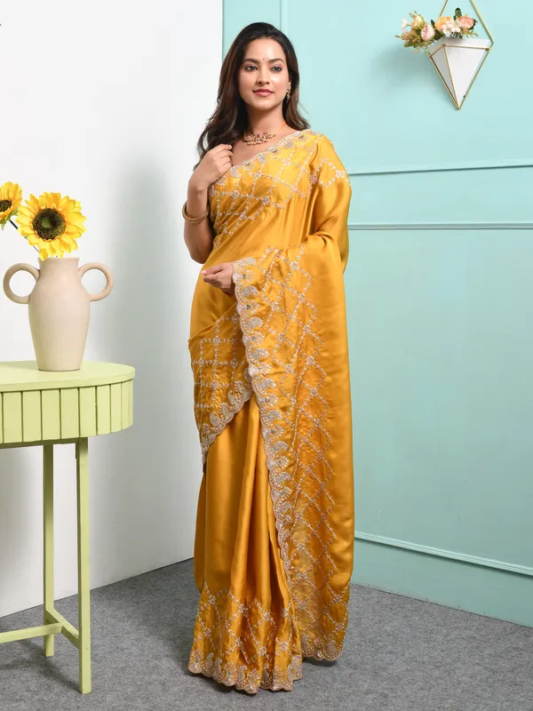 Yellow_Satin_Embellished_Sarees_For_Women