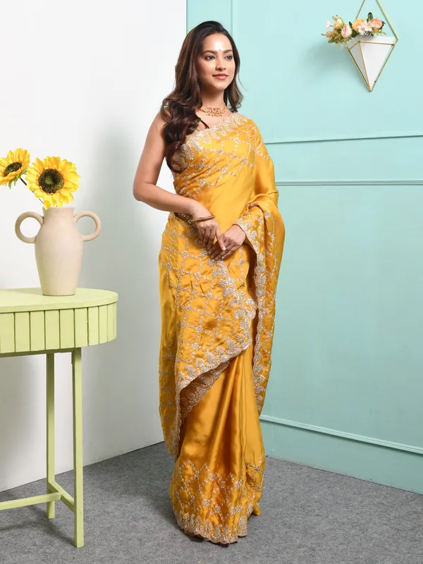 Yellow_Satin_Embellished_Sarees_For_Women