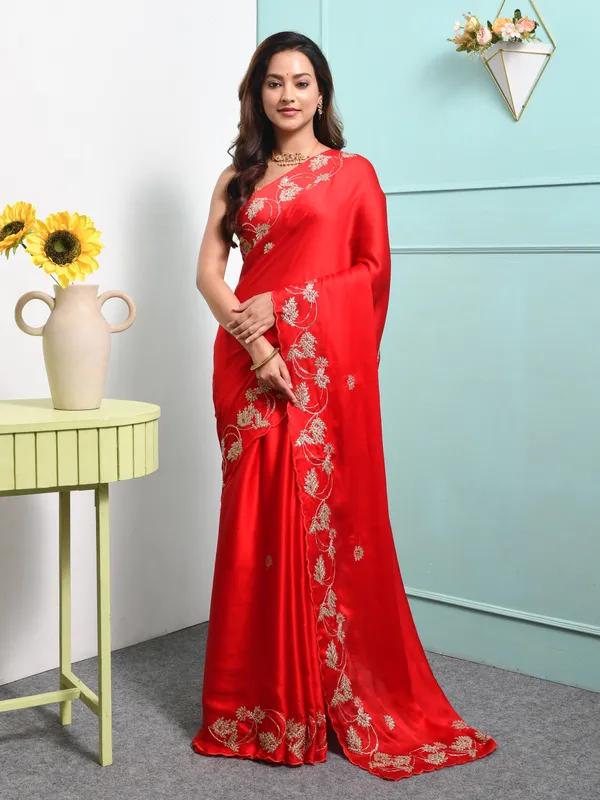 Red_Satin_Embellished_Sarees_For_Women