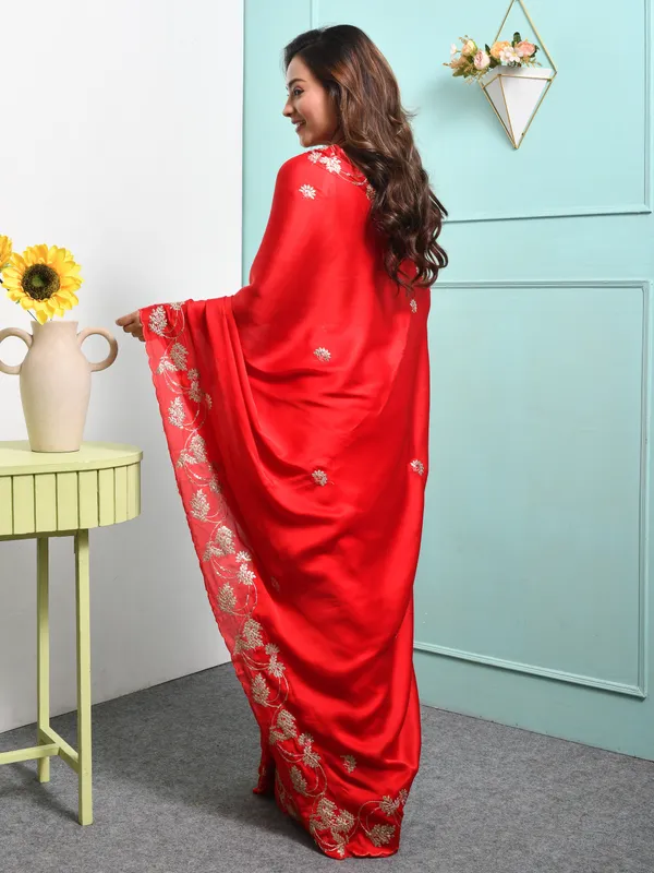 Red_Satin_Embellished_Sarees_For_Women