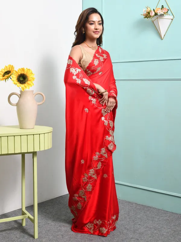 Red_Satin_Embellished_Sarees_For_Women