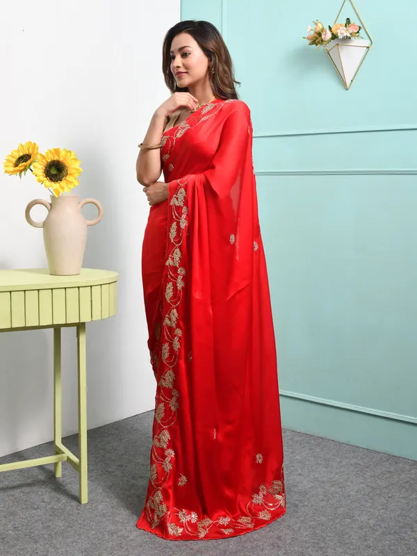 Red_Satin_Embellished_Sarees_For_Women
