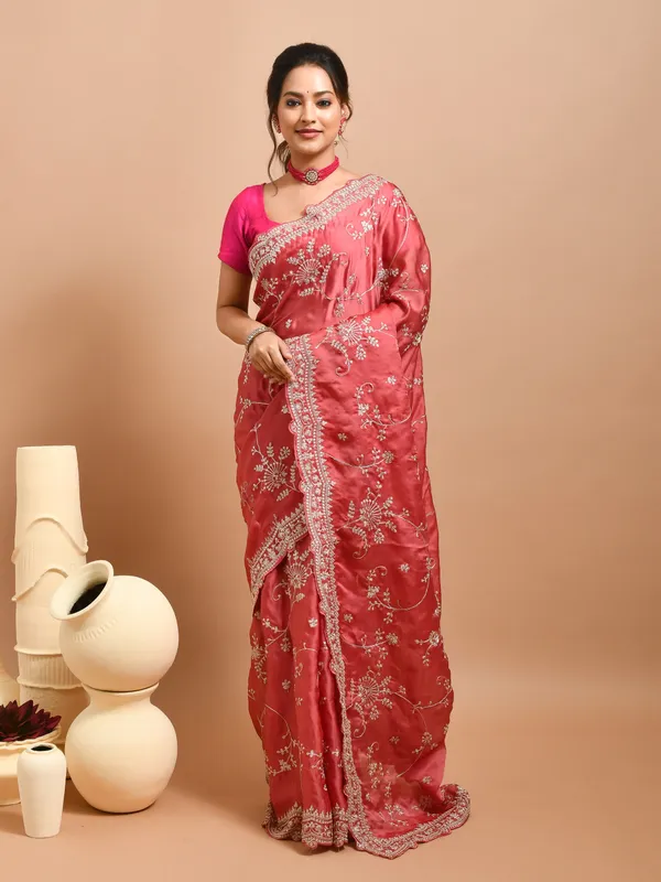 Peach_Satin_Embellished_Sarees_For_Women