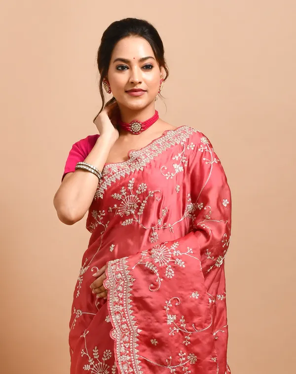 Peach_Satin_Embellished_Sarees_For_Women