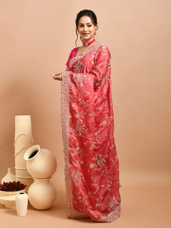 Peach_Satin_Embellished_Sarees_For_Women