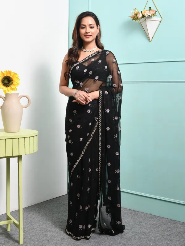 Black_Pure_Chiffon_Embroidered_Sarees_For_Women