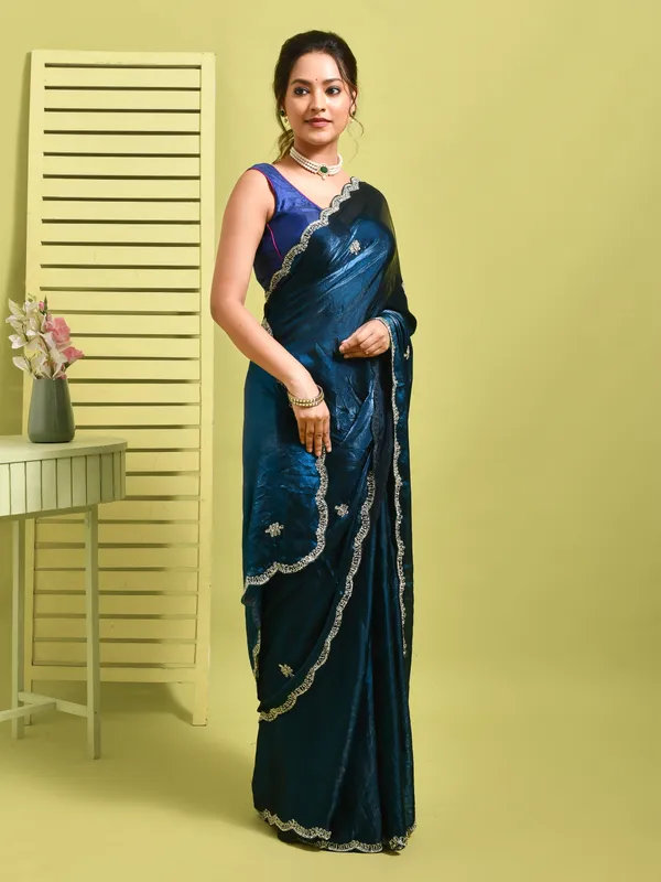 Blue_Satin_Embellished_Sarees_For_Women