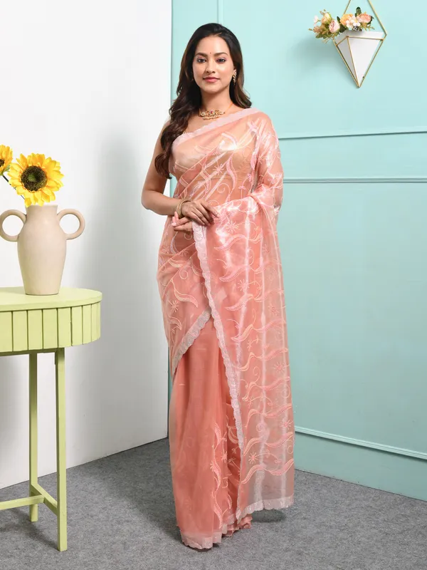 Peach_Poly_Chiffon_Embroidered_Sarees_For_Women
