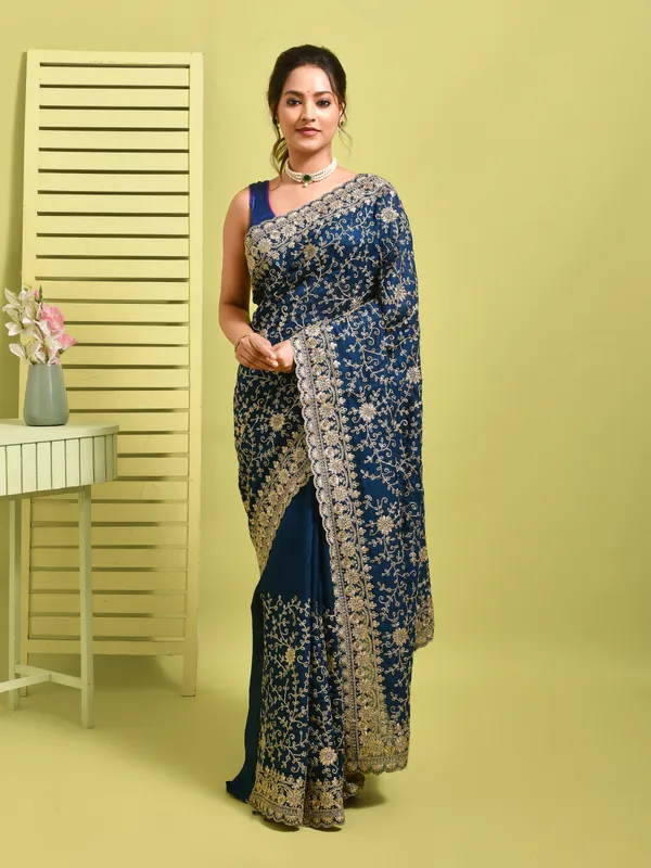 Blue_Silk_Blend_Embroidered_Sarees_For_Women