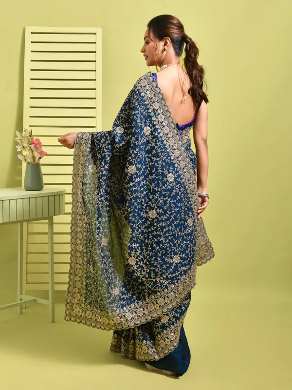 Blue_Silk_Blend_Embroidered_Sarees_For_Women