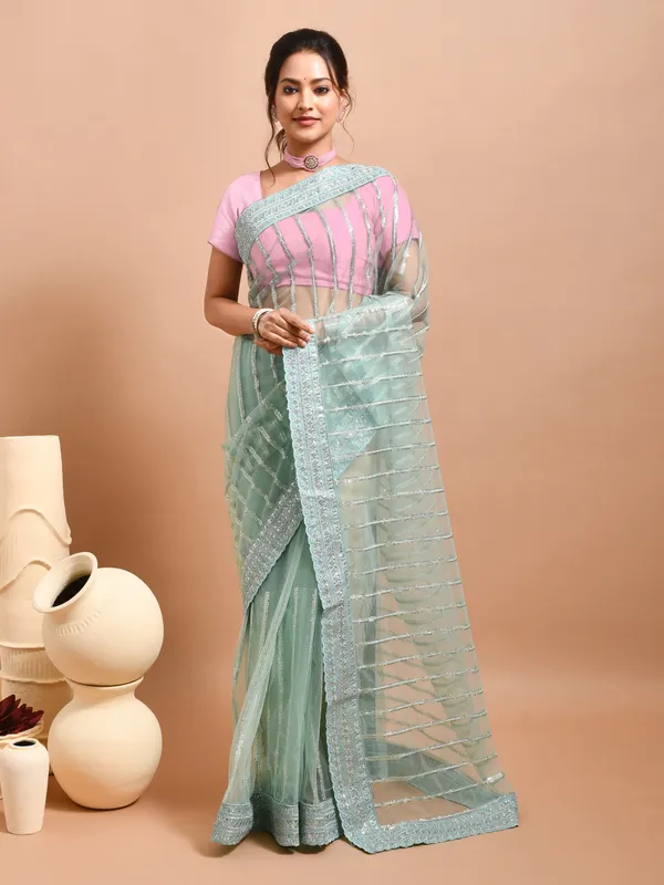 Blue_Net_Embellished_Sarees_For_Women