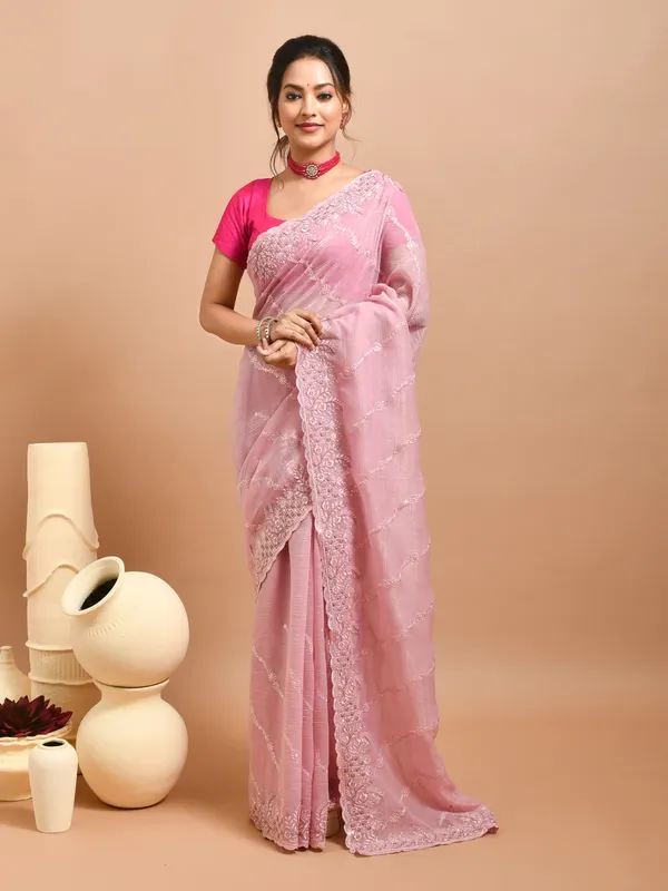 Pink_Poly_Chiffon_Embroidered_Sarees_For_Women