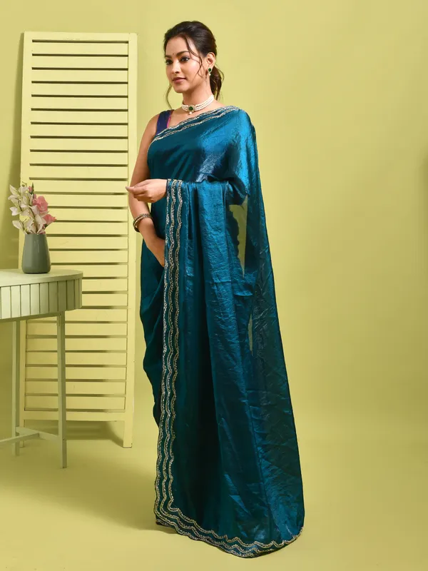 Blue_Satin_Embellished_Sarees_For_Women