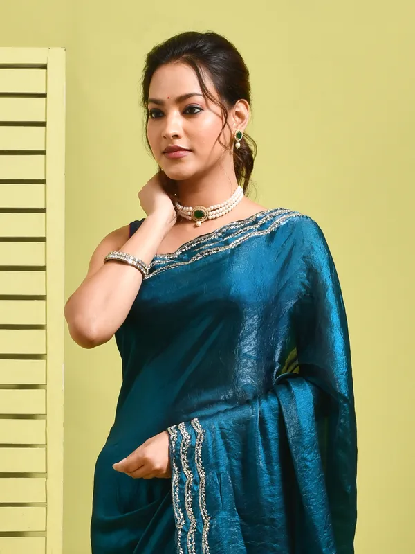 Blue_Satin_Embellished_Sarees_For_Women