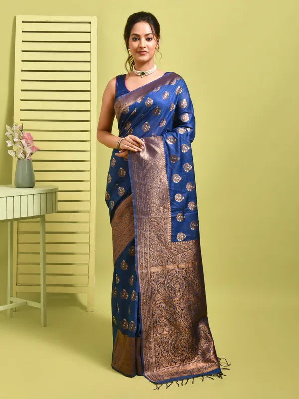 Blue_Silk_Blend_Embroidered_Sarees_For_Women