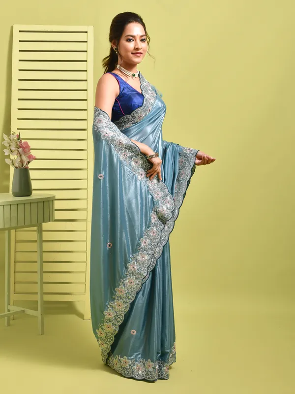 Blue_Satin_Embellished_Sarees_For_Women