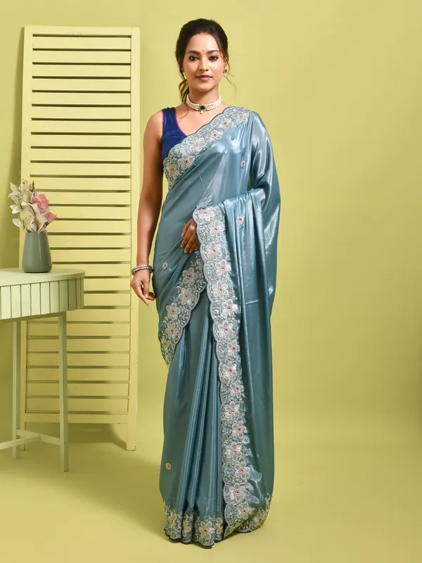 Blue_Satin_Embellished_Sarees_For_Women