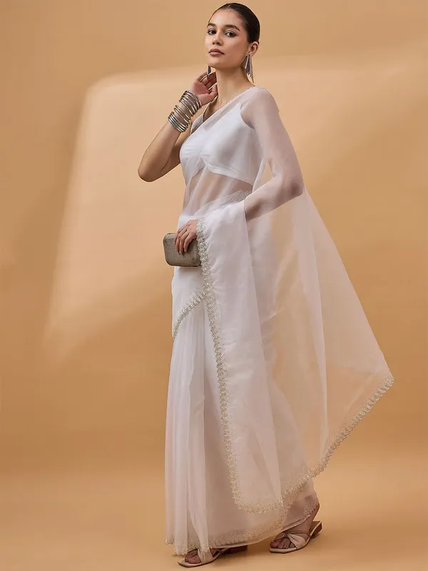White_colour_Organza_Saree_for_Women