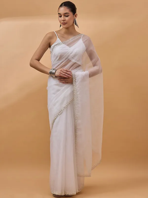 White_colour_Organza_Saree_for_Women