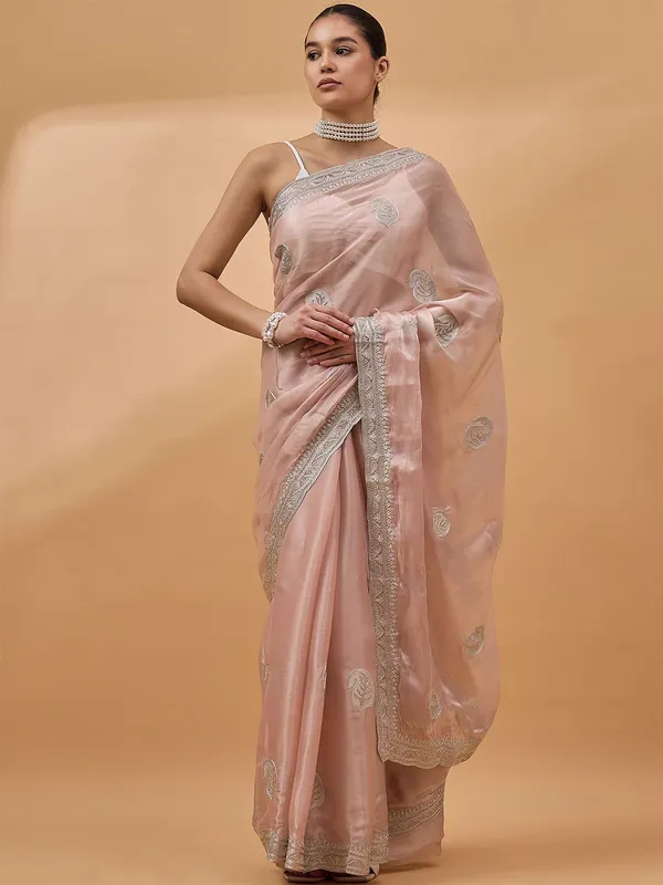 Peach_colour_Organza_Saree_for_Women