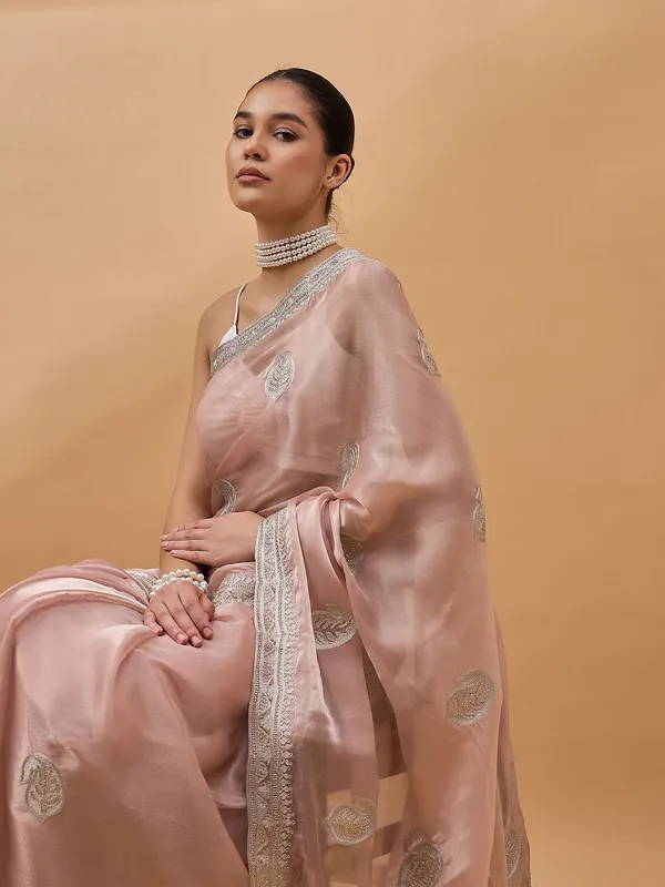 Peach_colour_Organza_Saree_for_Women