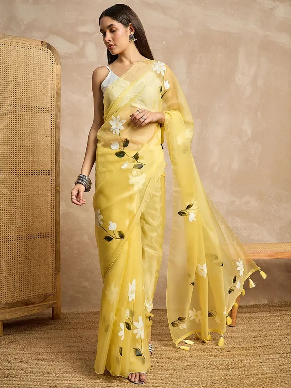 Yellow_colour_Organza_Saree_for_Women