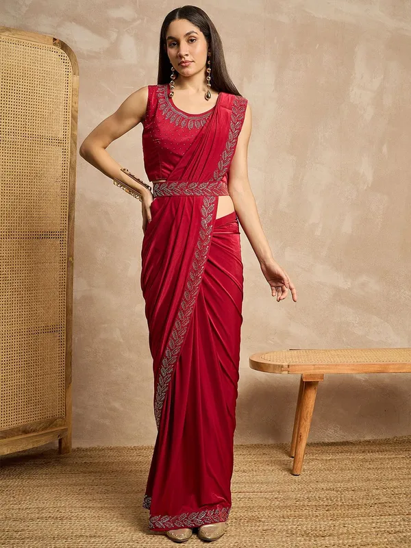 Maroon_colour_Lycra_Saree_for_Women