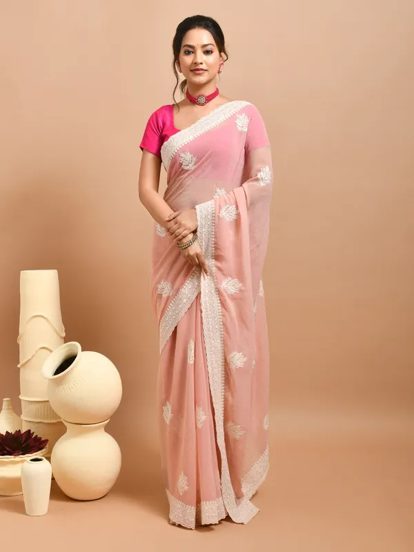 Peach_Pure_Georgette_Embroidered_Sarees_For_Women