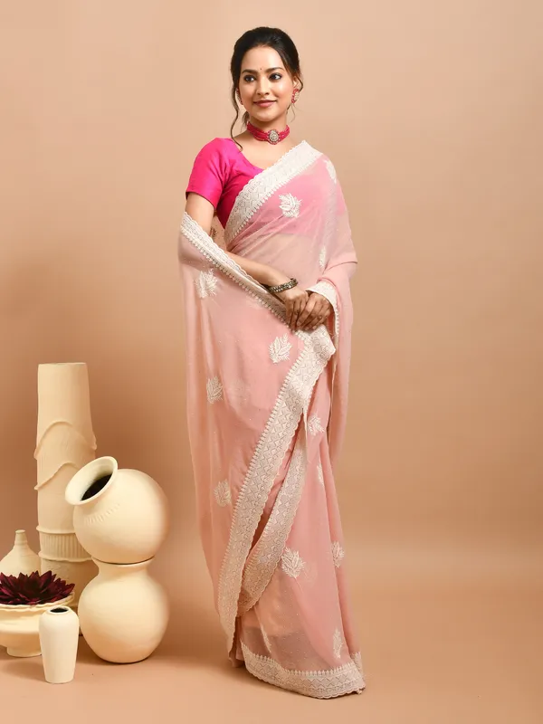 Peach_Pure_Georgette_Embroidered_Sarees_For_Women