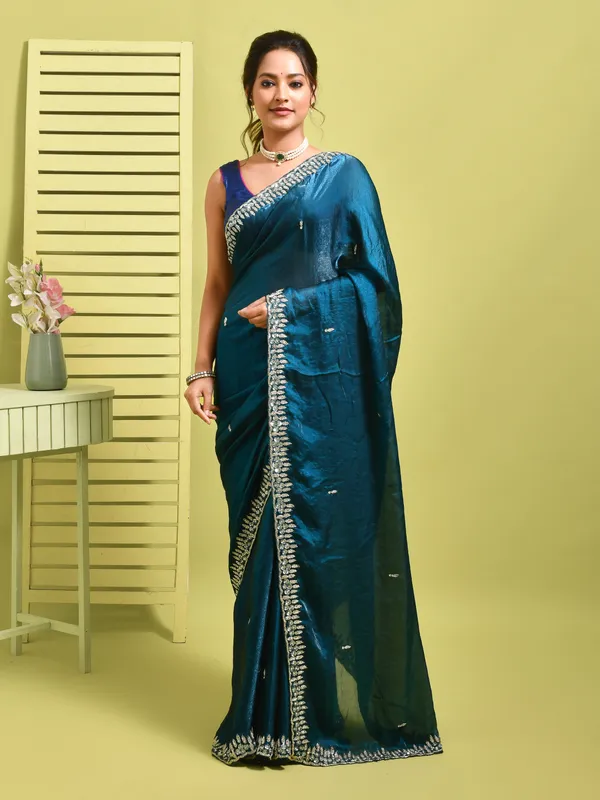Blue_Satin_Embellished_Sarees_For_Women