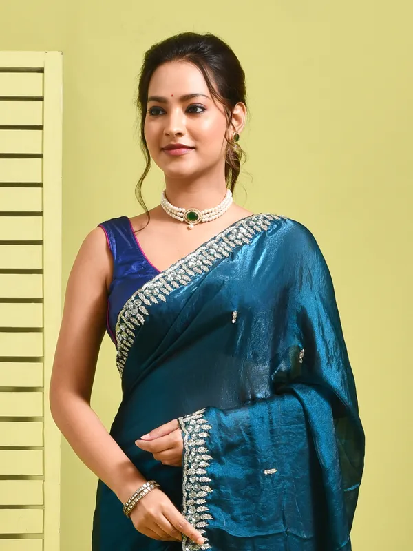 Blue_Satin_Embellished_Sarees_For_Women