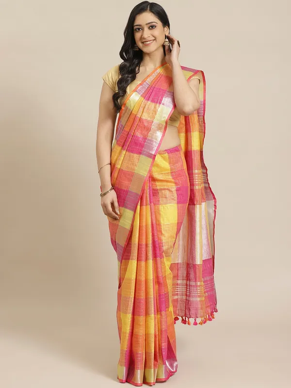 Yellow_colour_Linen_Blend_Saree_for_Women