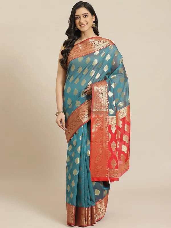 Teal_colour_Silk_Blend_Saree_for_Women