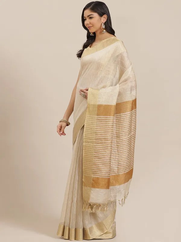 Cream_colour_Pure_Linen_Saree_for_Women