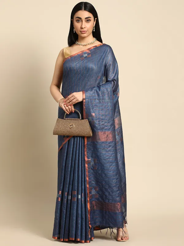 Navy_Blue_colour_Silk_Blend_Saree_for_Women