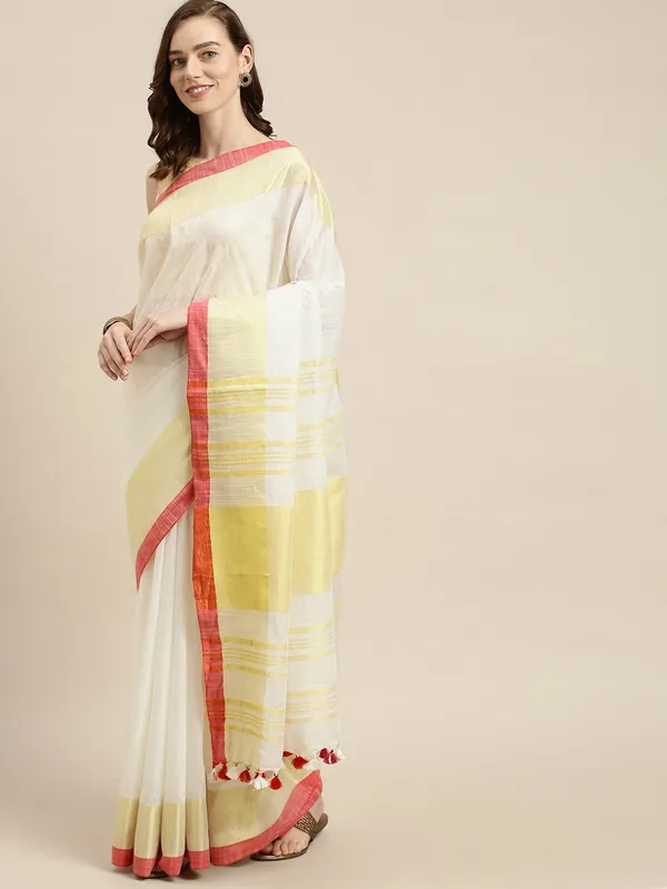 White_colour_Linen_Blend_Saree_for_Women