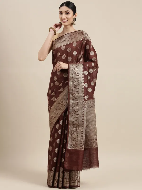 Brown_colour_Pure_Linen_Saree_for_Women