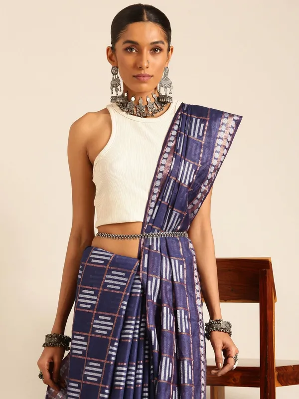 Navy_Blue_colour_Silk_Blend_Saree_for_Women
