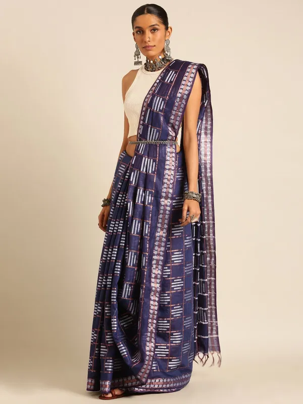 Navy_Blue_colour_Silk_Blend_Saree_for_Women
