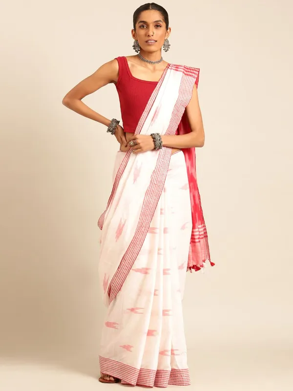 White_colour_Linen_Blend_Saree_for_Women