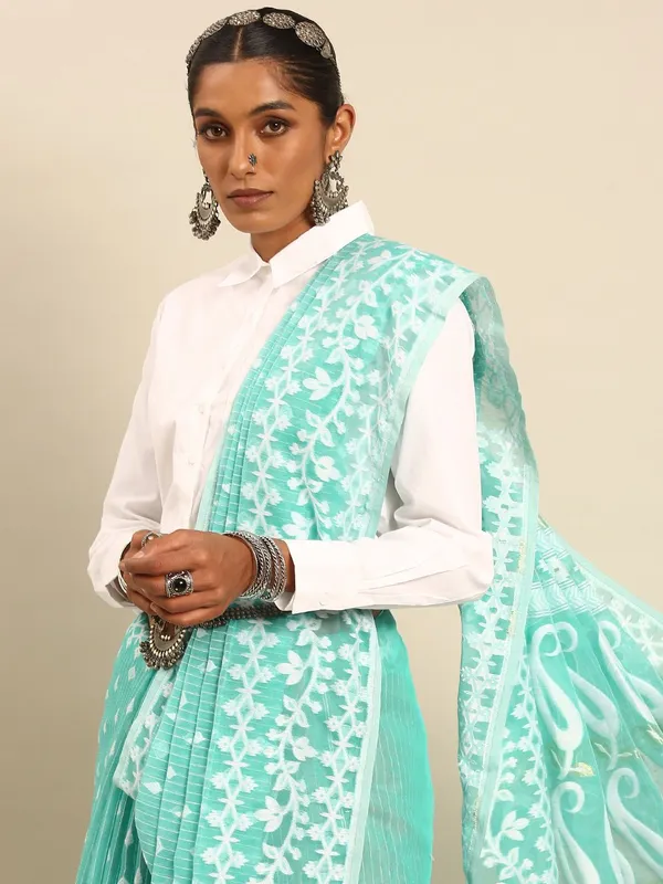 Turquoise_Blue_colour_Silk_Cotton_Saree_for_Women
