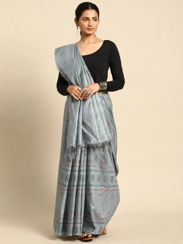 Grey_colour_Silk_Blend_Saree_for_Women