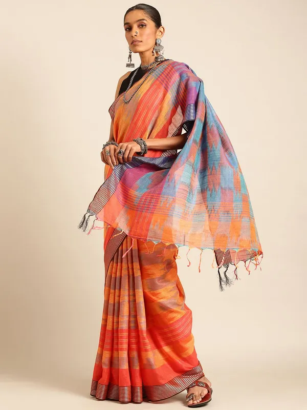 Multi_colour_Linen_Blend_Saree_for_Women