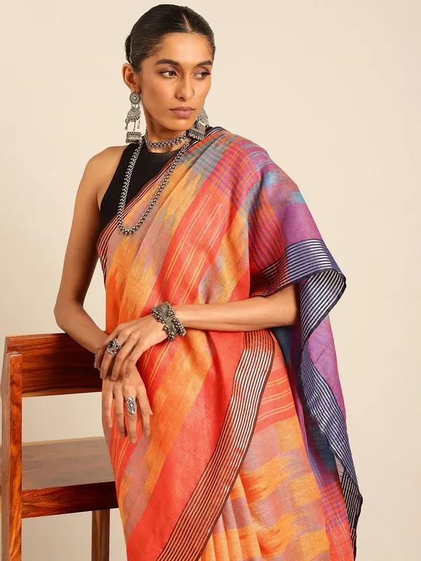 Multi_colour_Linen_Blend_Saree_for_Women