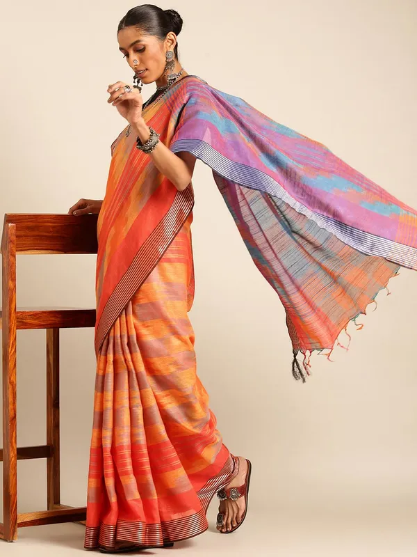 Multi_colour_Linen_Blend_Saree_for_Women