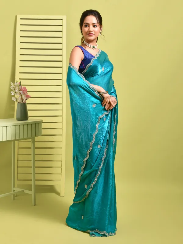Blue_Satin_Embellished_Sarees_For_Women